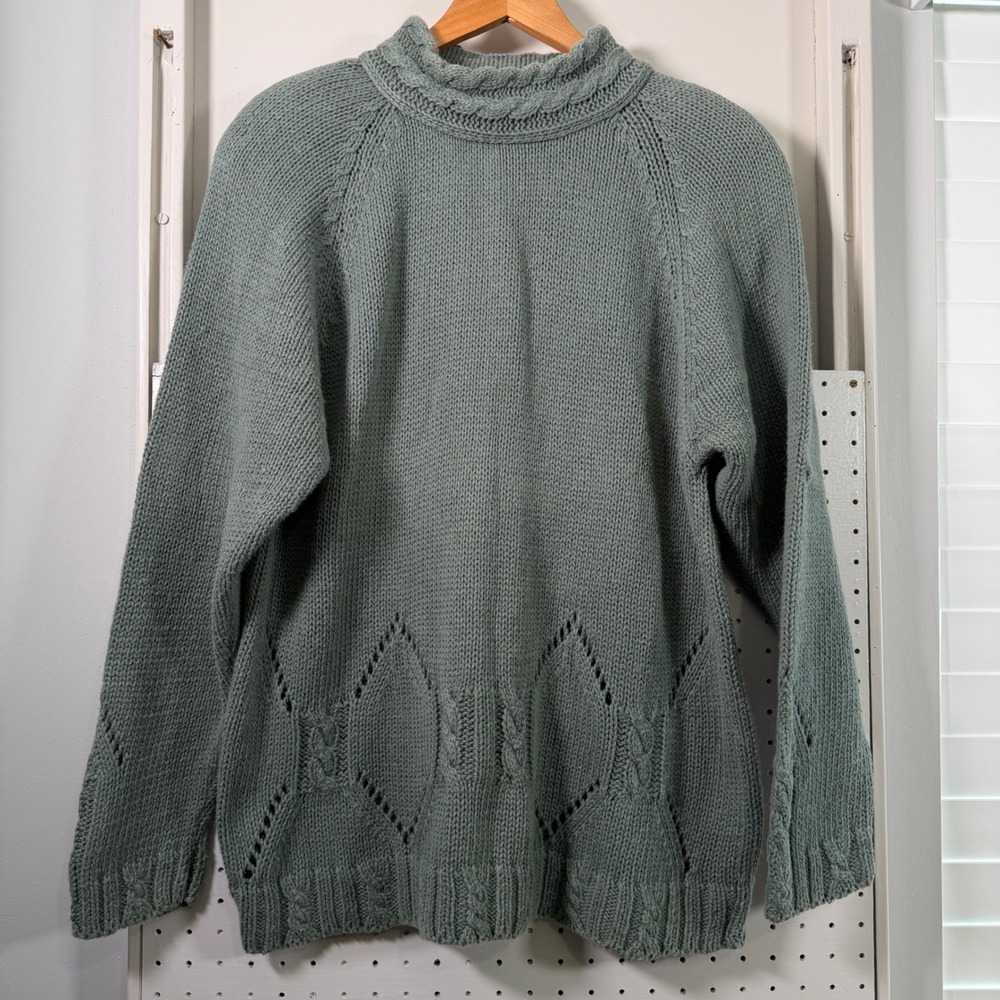 Vintage Outback Red Sage Green Ramie Cotton Cable Knit Mock Neck Sweater Large